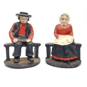 Vintage Cast Iron Amish Man Woman Bookends Pioneer